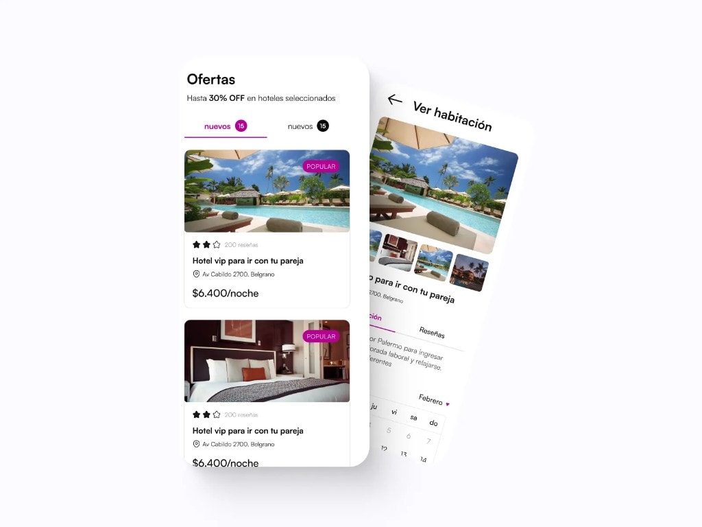 App de reservas, listado de ofertas y detalle de habitación